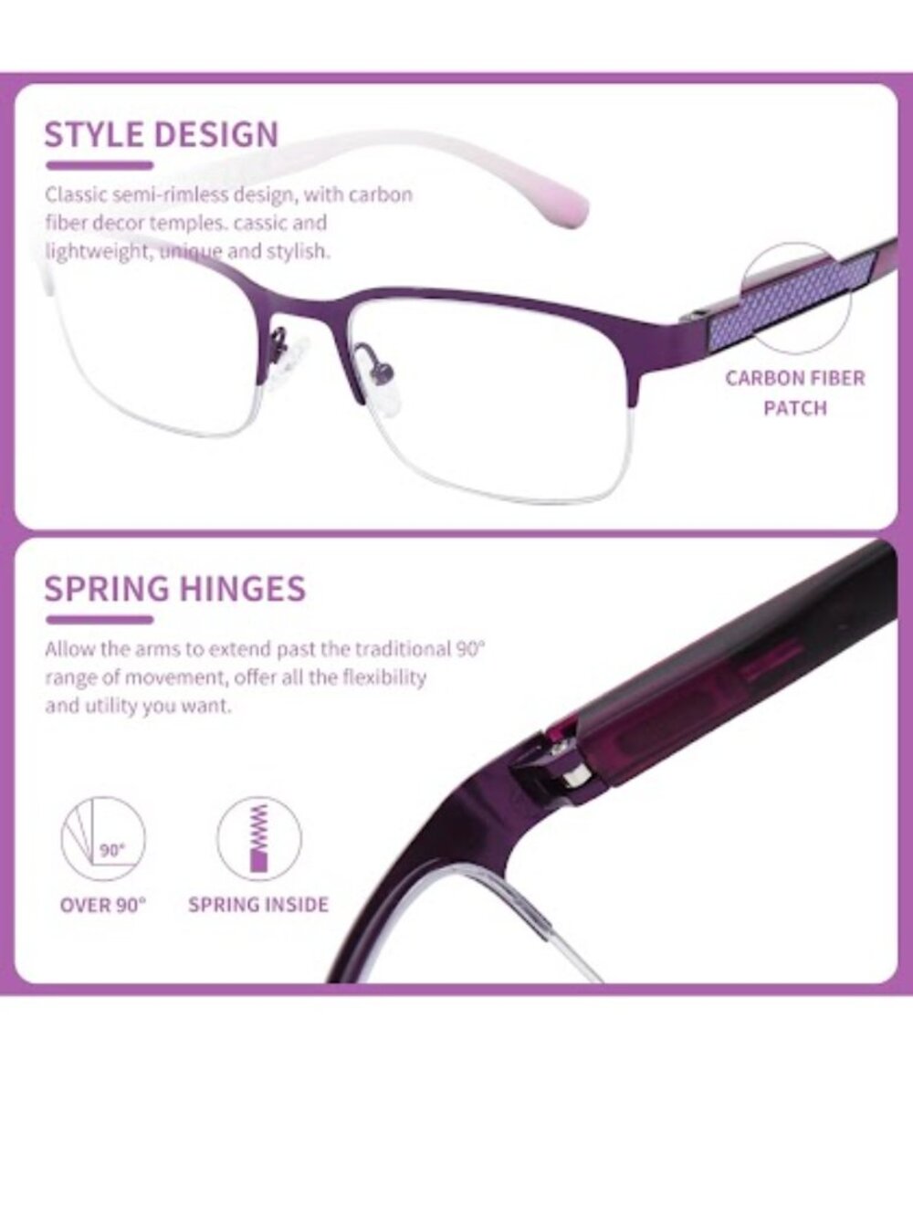 FONHCOO Purple Multifocus Reading Glasses Blue Light Blocking Semi Rimless - Picture 3 of 7